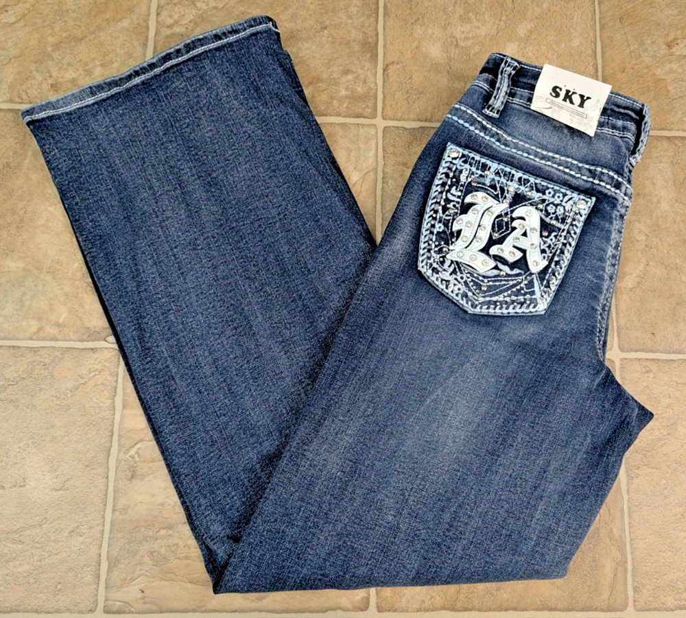 New SKY sz 7/8 Super Soft Wide Leg denim Jeans mid rise stretchy blue 4615
